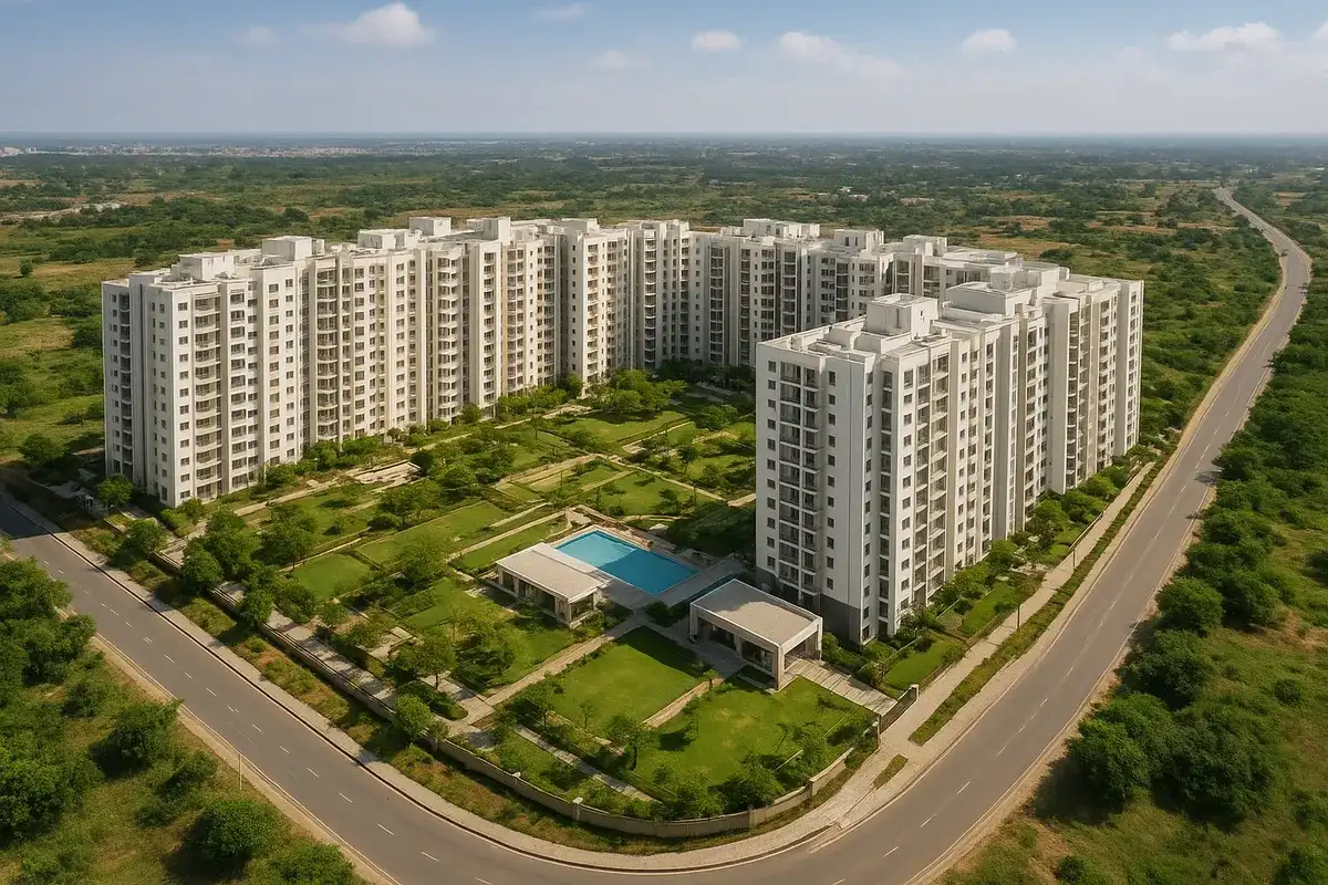 Aerial view of Sattva Songbird Phase 2 towers on Budigere Main Road, East Bangalore